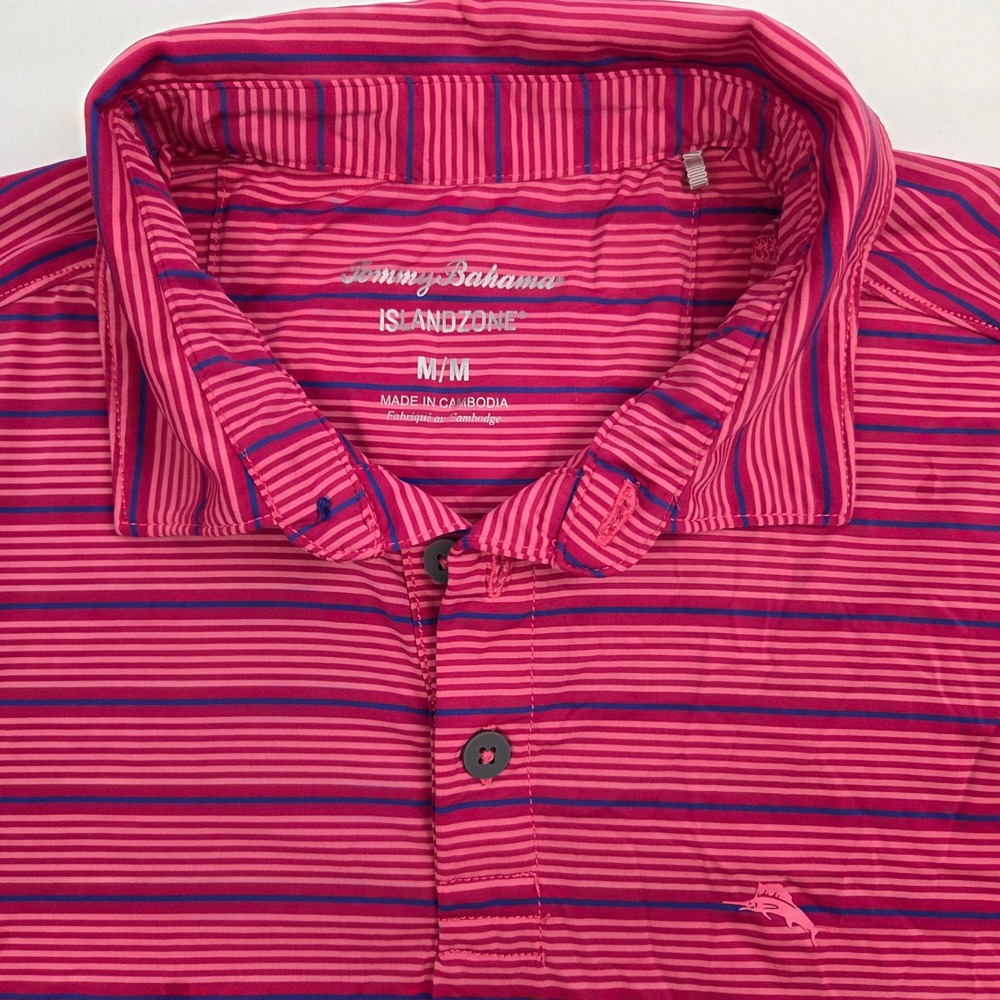 Tommy Bahama Mens IslandZone Polo M Pink Striped Cooling Performance Golf Shirt